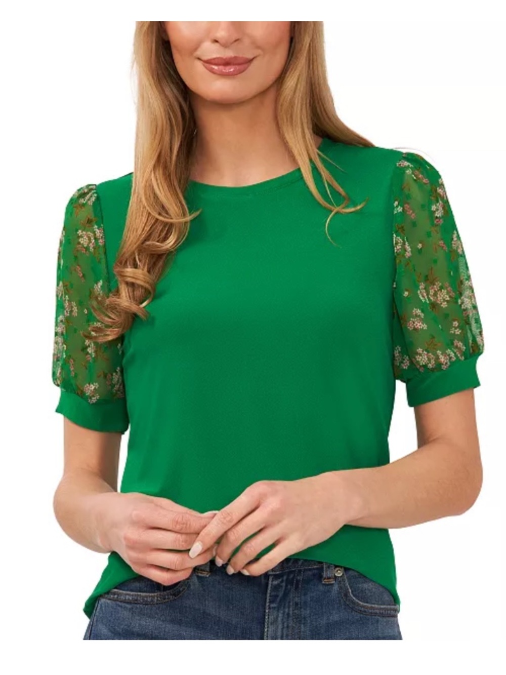 CeCe Women's Green Mixed Media Puff Sleeve Bouquet Knit Top Size Large
